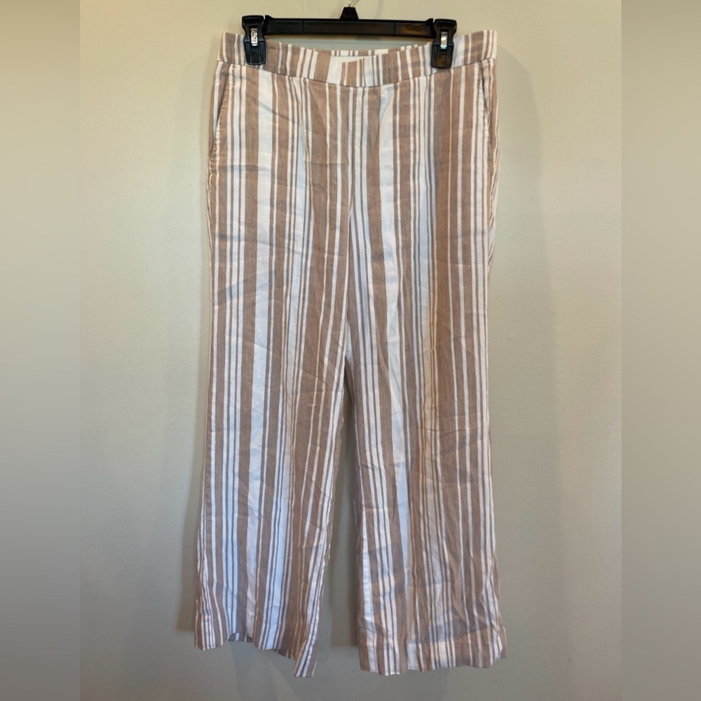 Lands End Wide Leg Pants Striped Mid Rise Womens Medium Linen Blend
